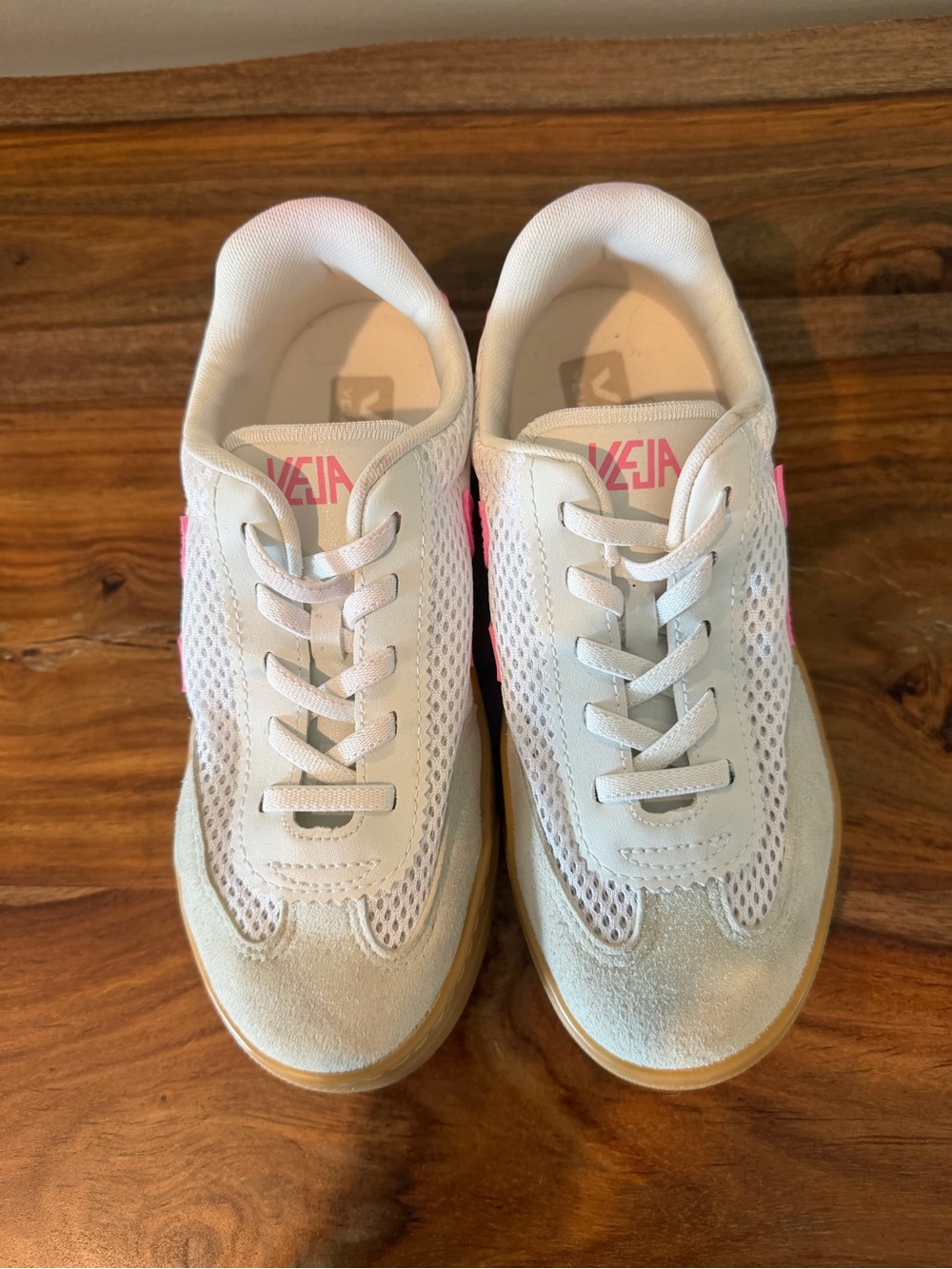 Veja Girl’s White Sneakers with Pink Logo Accents